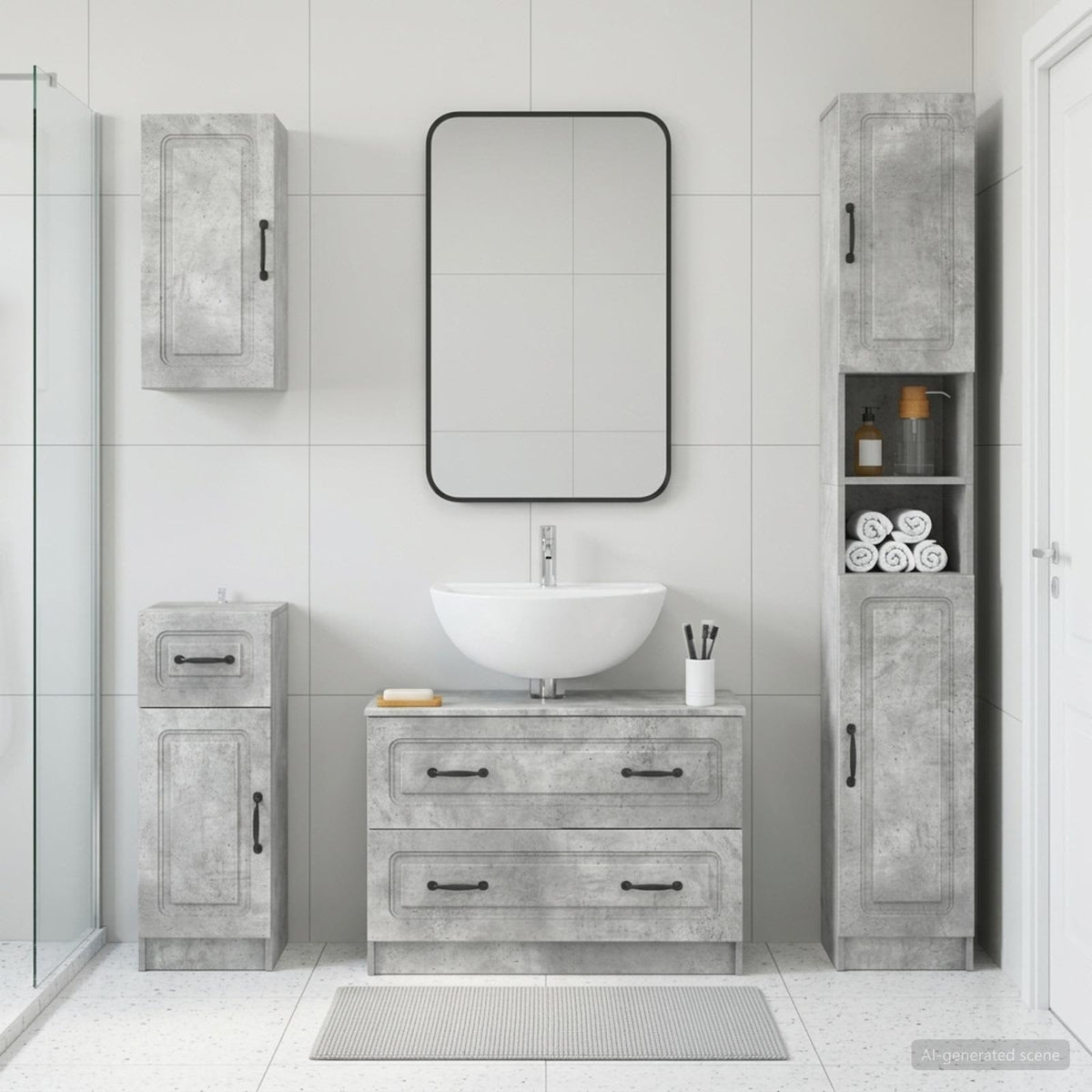 4 Piece Bathroom Cabinet Set DELFT Concrete grey O-shape