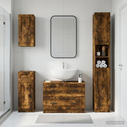4 Piece Bathroom Cabinet Set EDE Engineered Wood Smoked oak O-shape