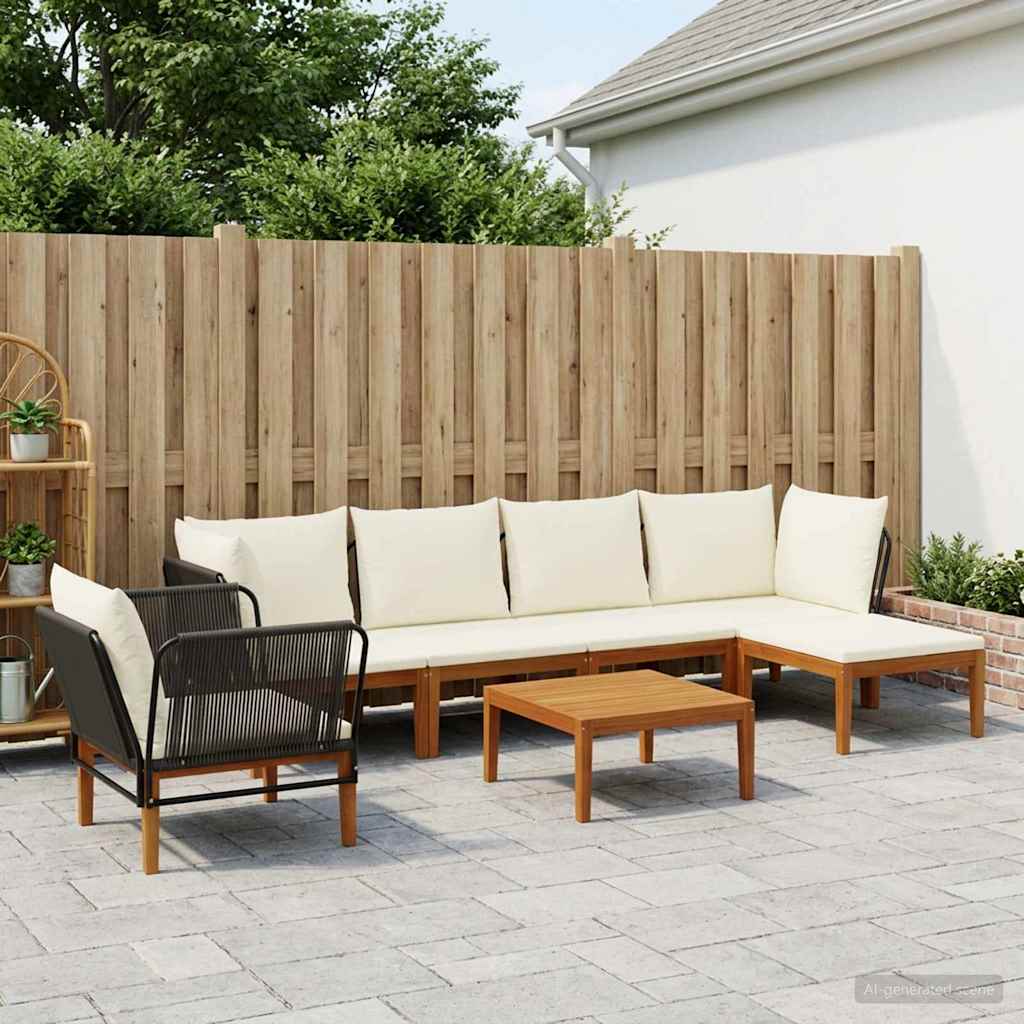 vidaXL 6 pcs Solid Acacia Wood & Rope Natural Black and Cream White