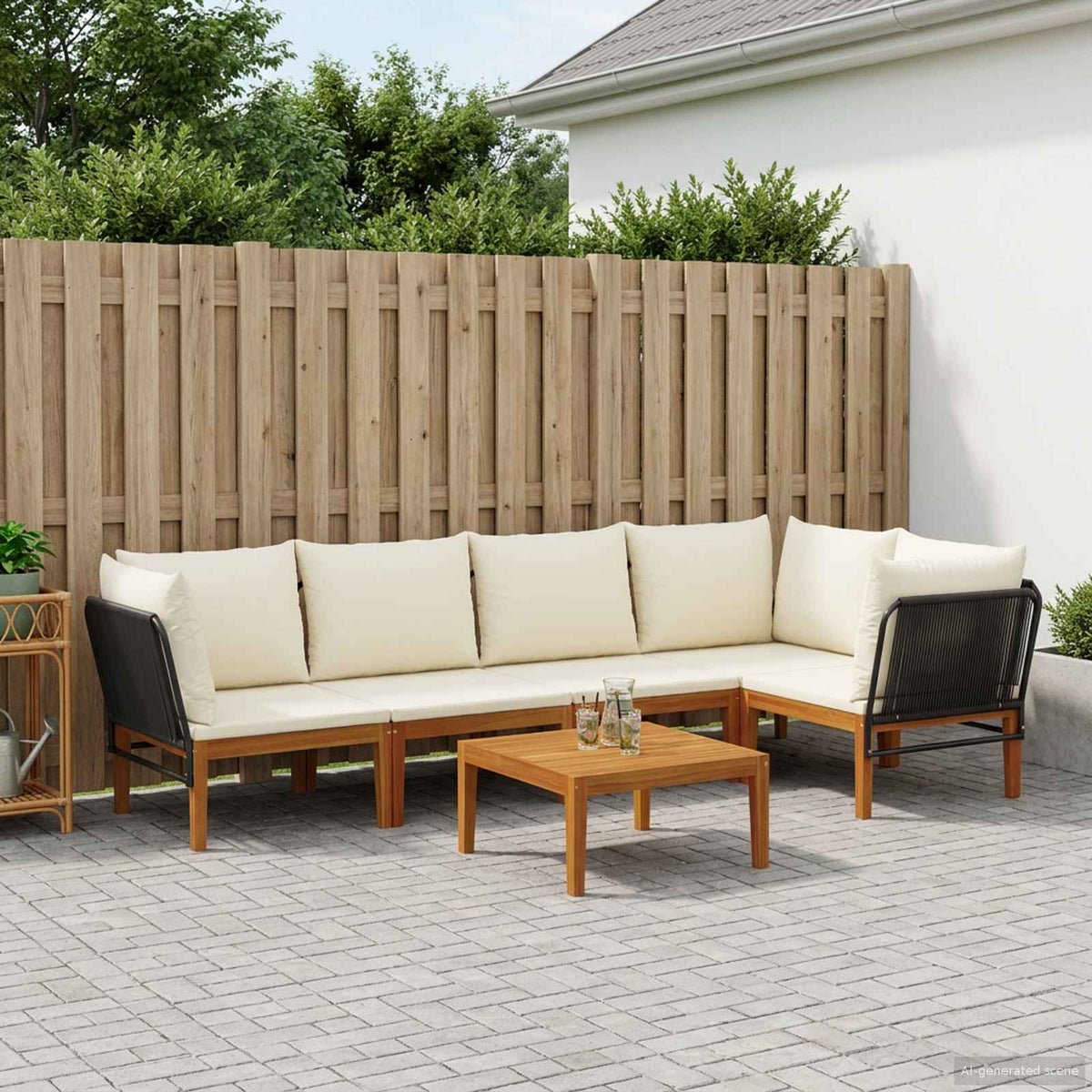 vidaXL 6 pcs Solid Acacia Wood & Rope Natural Black and Cream White