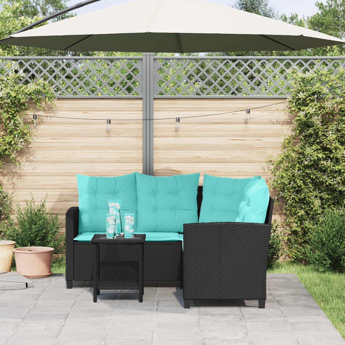 vidaXL Garden Sofa 2 pcs 5-Seater Black and Turquoise Poly rattan 4