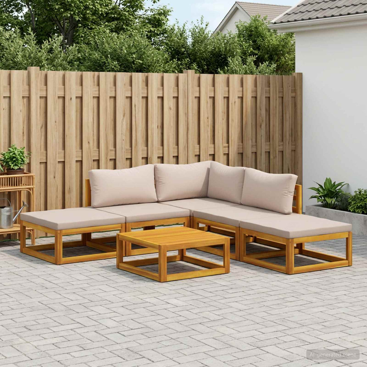Sofa Set 6 pcs Natural Solid Acacia Wood Taupe Corner + 2x middle + 2x footrest + table