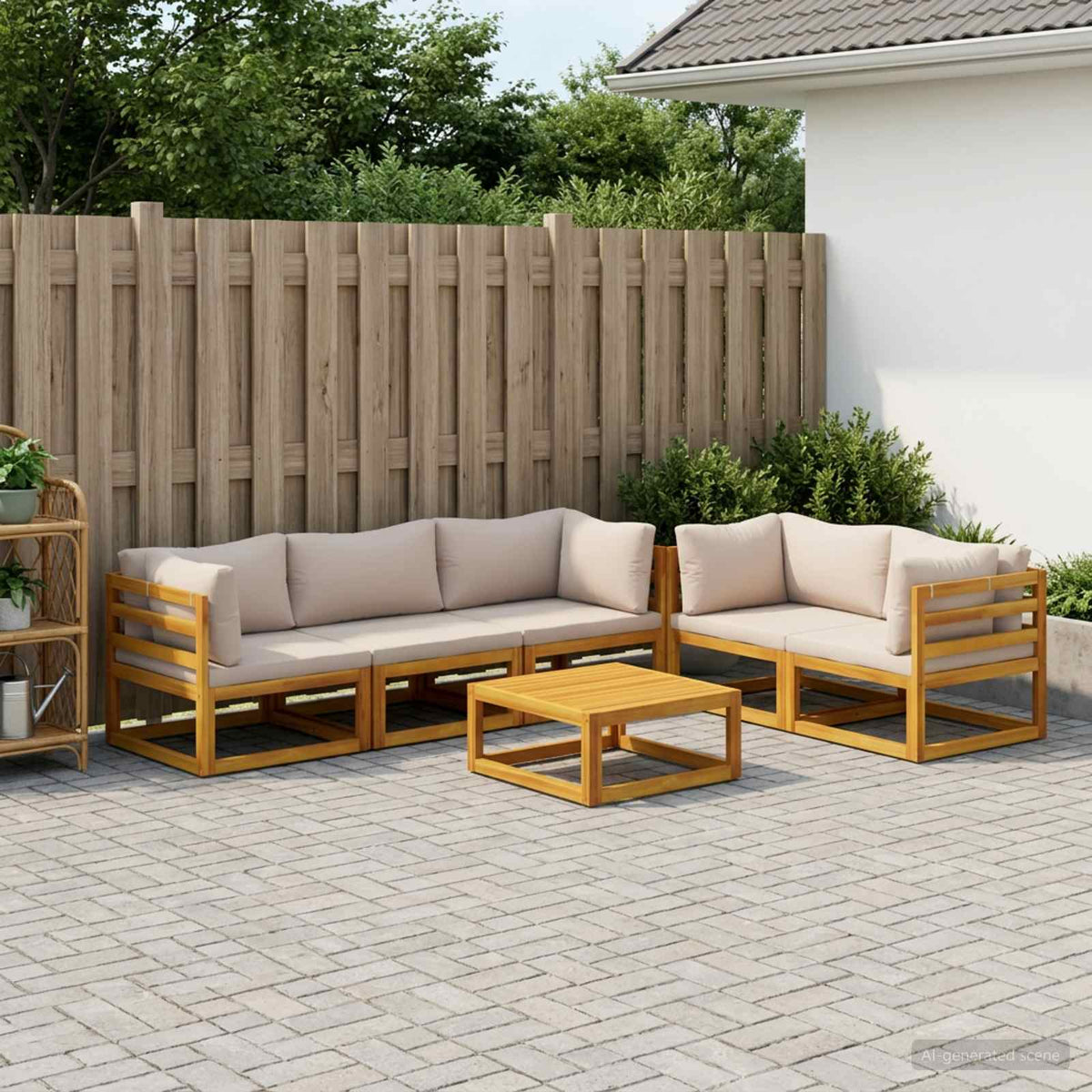 Sofa Set 6 pcs Natural Solid Acacia Wood Taupe 4x corner + middle + table