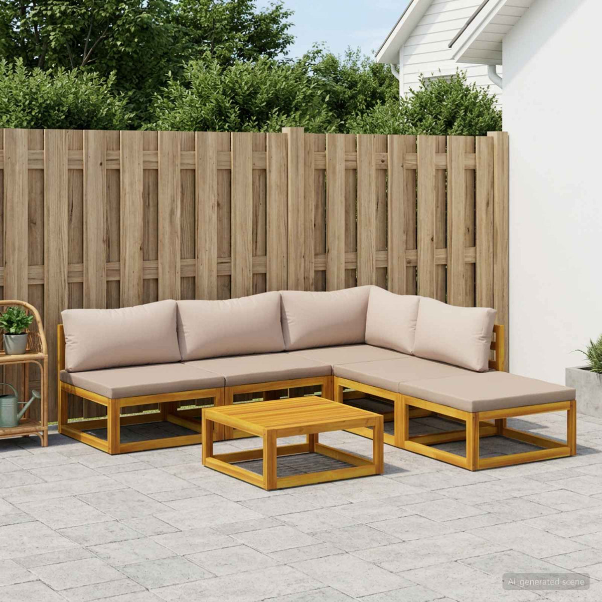 Sofa Set 6 pcs Natural Solid Acacia Wood Taupe Corner + 3x middle + footrest + table