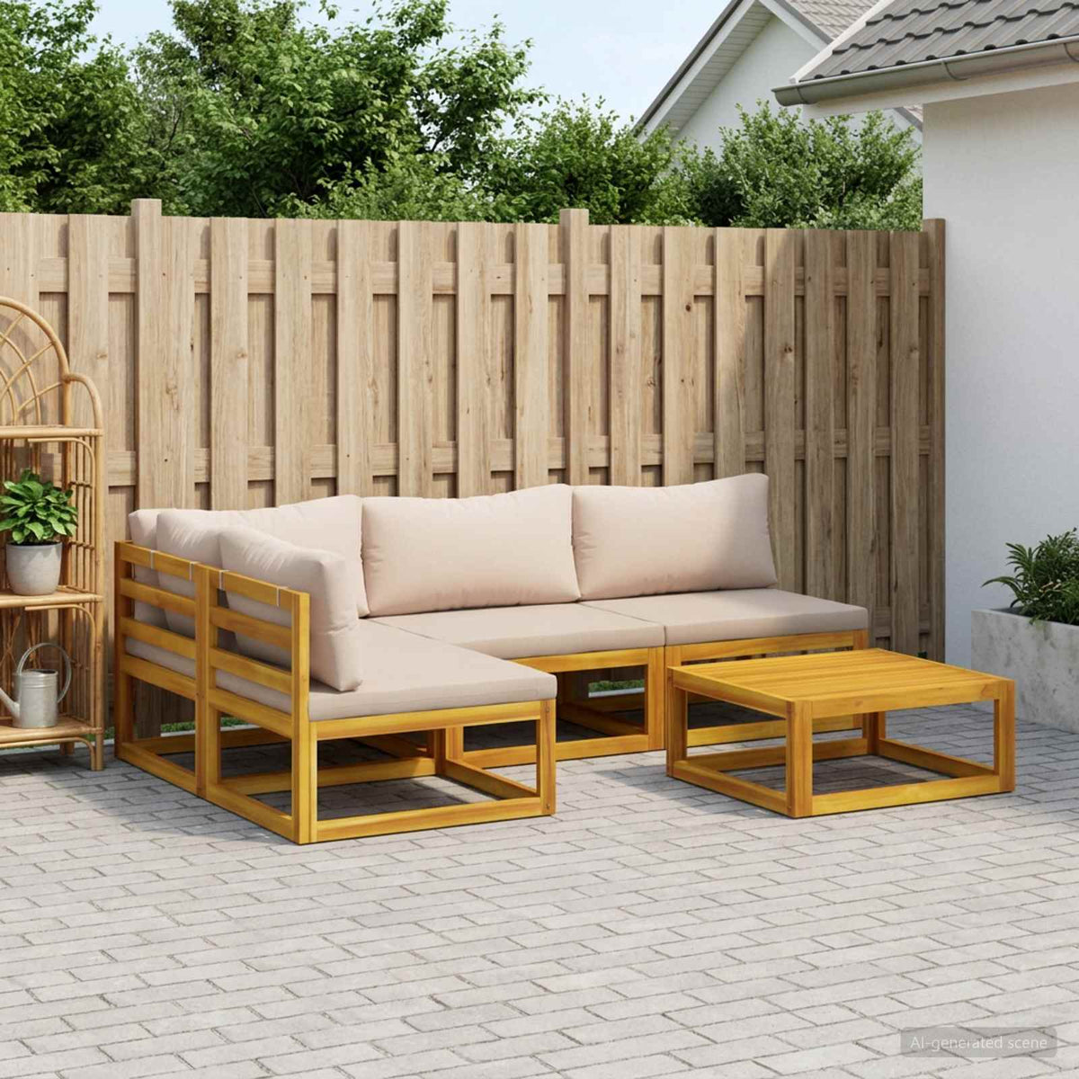 Sofa Set 6 pcs Natural Solid Acacia Wood Taupe Corner + 3x middle + table
