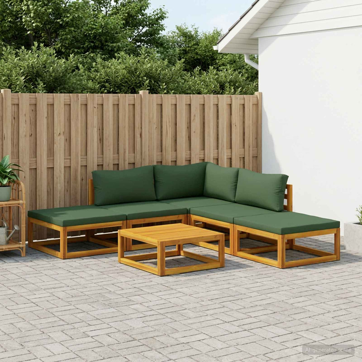 Sofa Set 6 pcs Natural Solid Acacia Wood Green Corner + 2x middle + 2x footrest + table