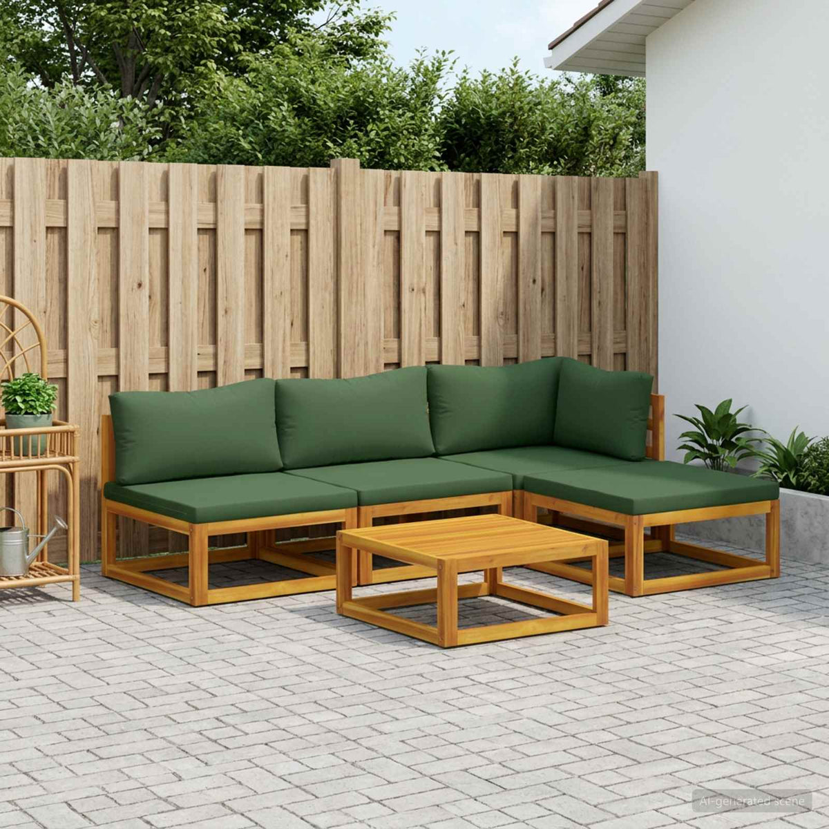 Sofa Set 6 pcs Natural Solid Acacia Wood Green Corner + 2x middle + footrest + table