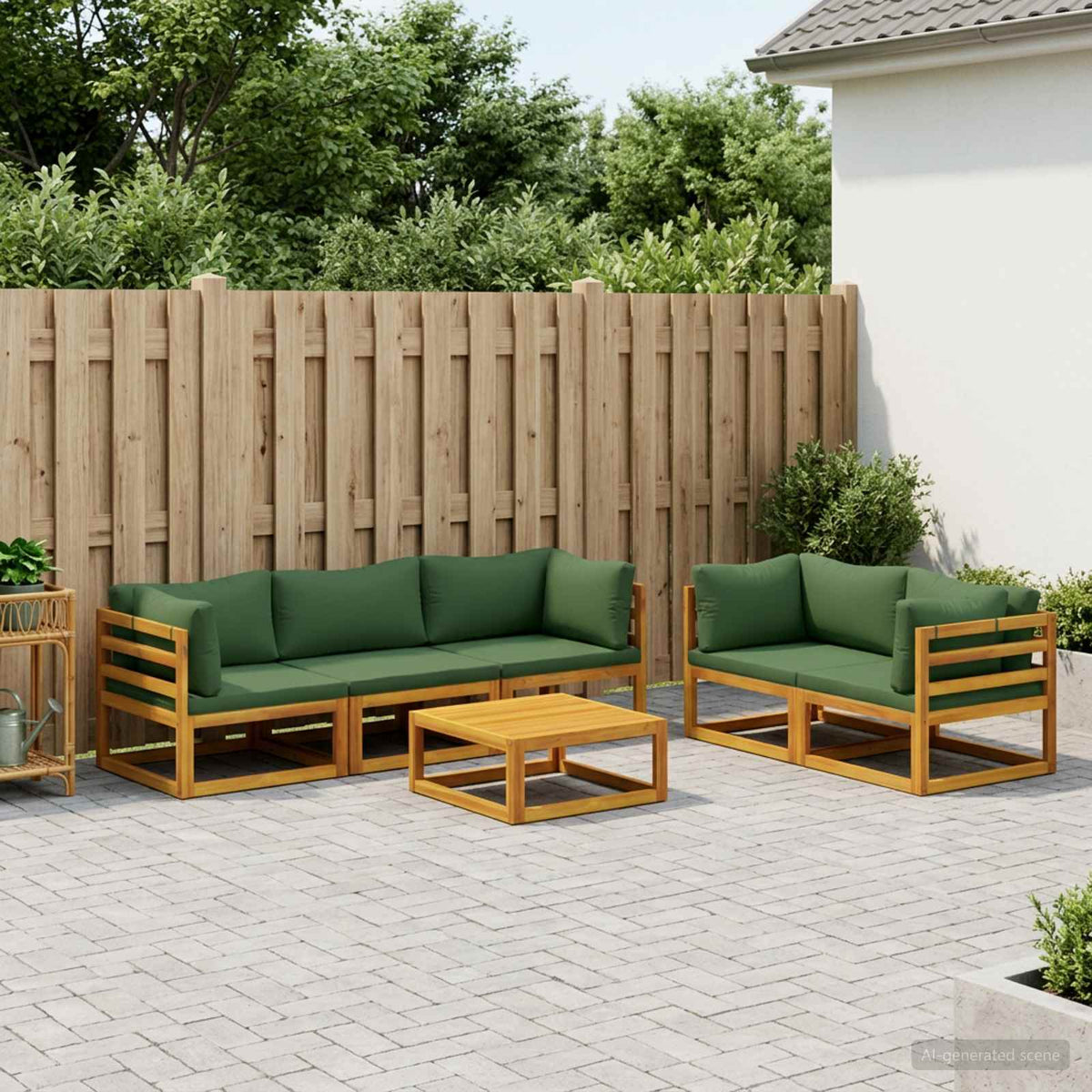 Sofa Set 6 pcs Natural Solid Acacia Wood Green 4x corner + middle + table