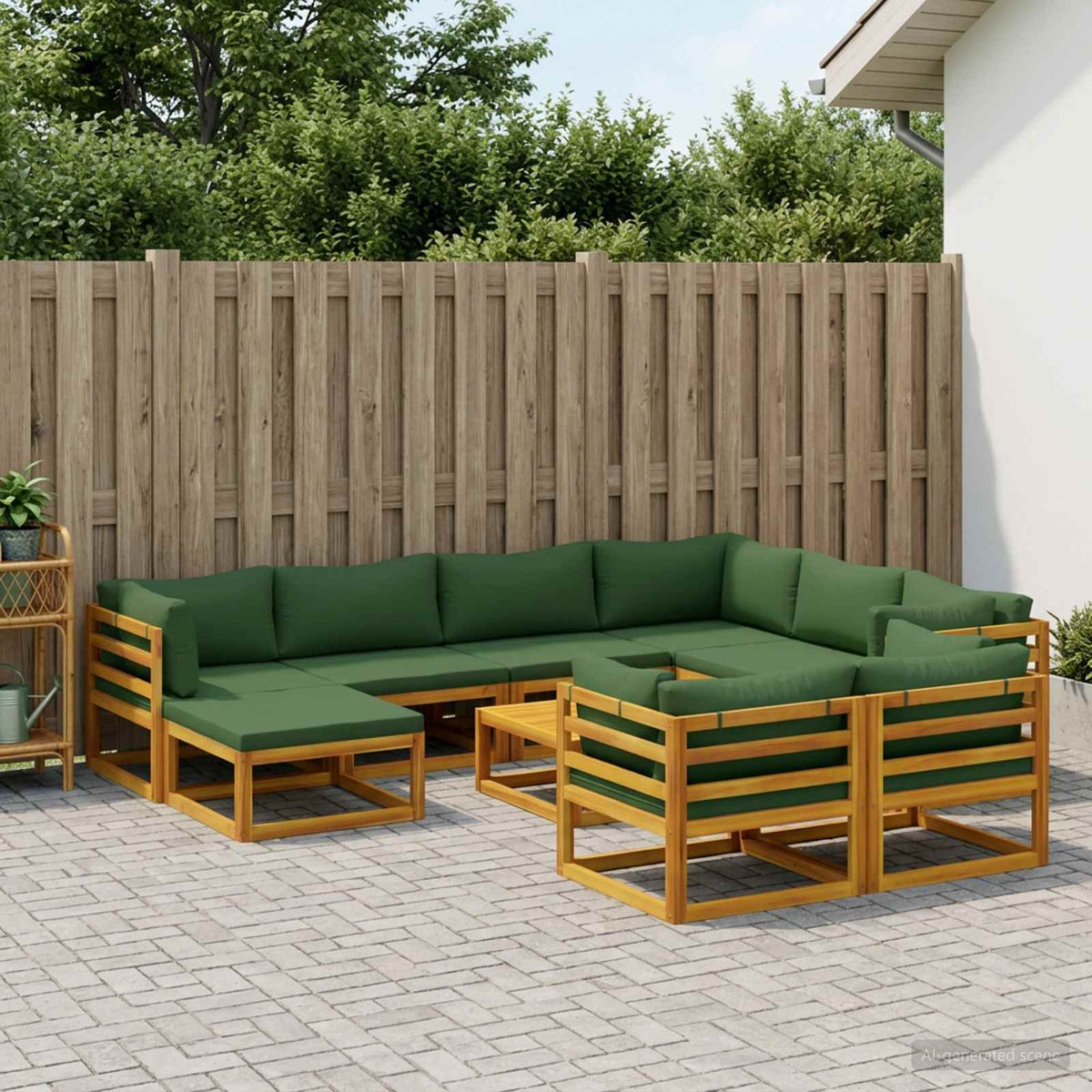 Sofa Set 6 pcs Natural Solid Acacia Wood Green 5x corner + 3x middle + footrest + table