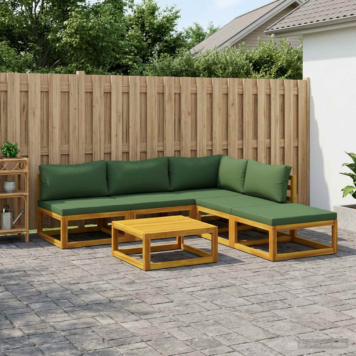Sofa Set 6 pcs Natural Solid Acacia Wood Green Corner + 3x middle + footrest + table