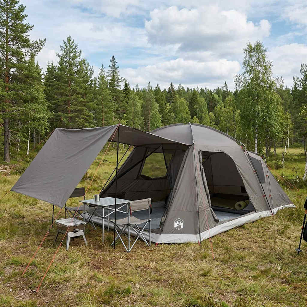 vidaXL Cabin Tent with Roof Brown grey 12-Person Polyester and Steel 1