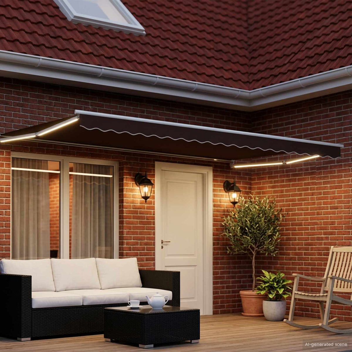 Manual Awning with Solar LED 4 x 3 m 100% Polyester White Drop 3 m Width 4 m Brown