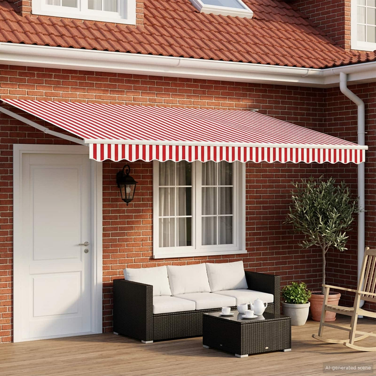 Manual Awning with Solar LED 5 x 3 m 100% Polyester White Red and white