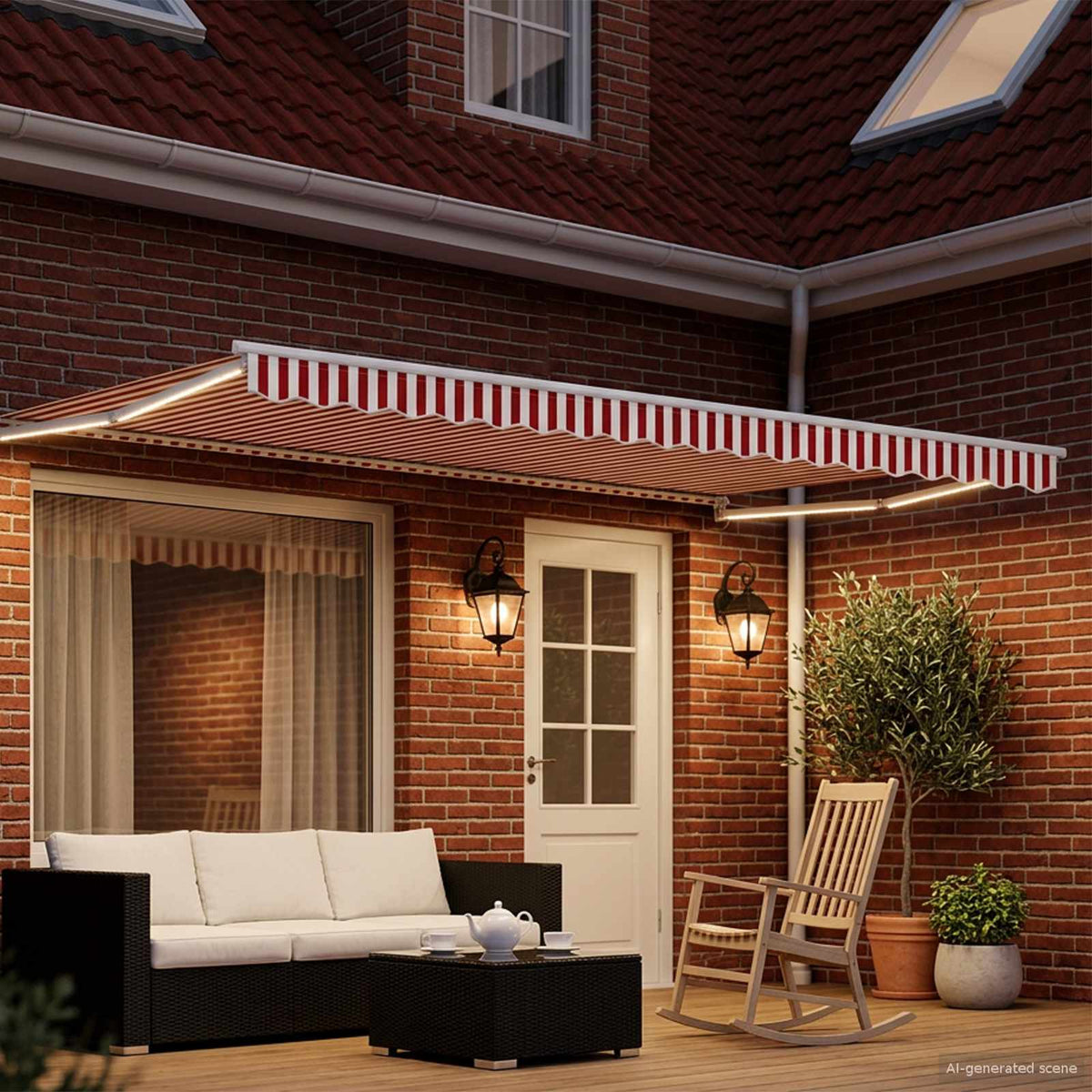 Manual Awning with Solar LED 5 x 3 m 100% Polyester White Red and white