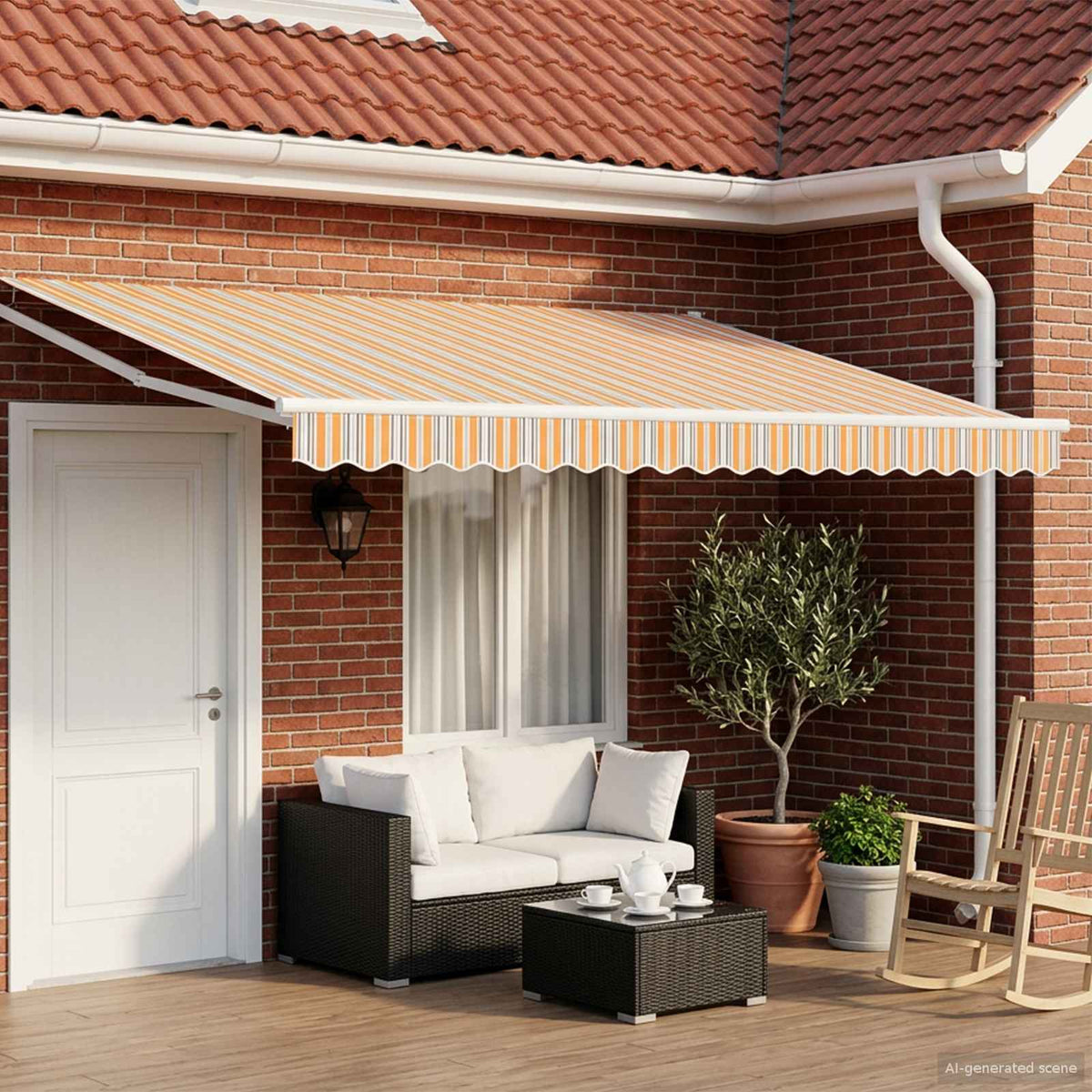 Manual Awning with Solar LED 5 x 3 m 100% Polyester White Blue and orange