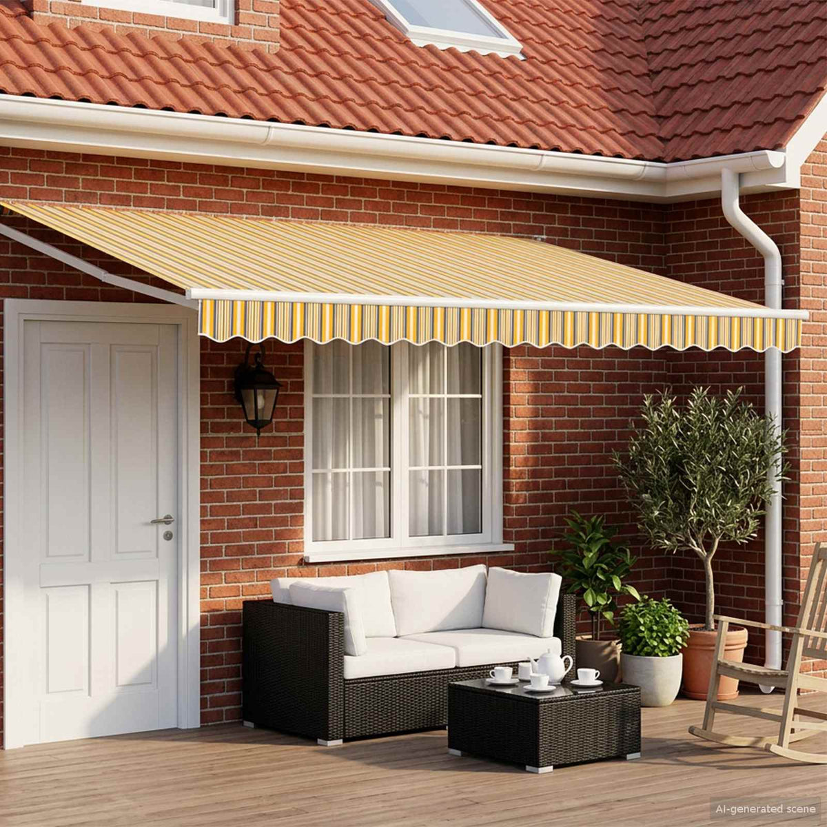 Manual Awning with Solar LED 5 x 3 m 100% Polyester White Yellow and grey