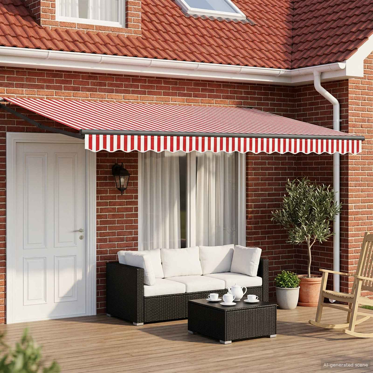 Manual Awning with Solar LED 5 x 3 m 100% Polyester Anthracite Red and white