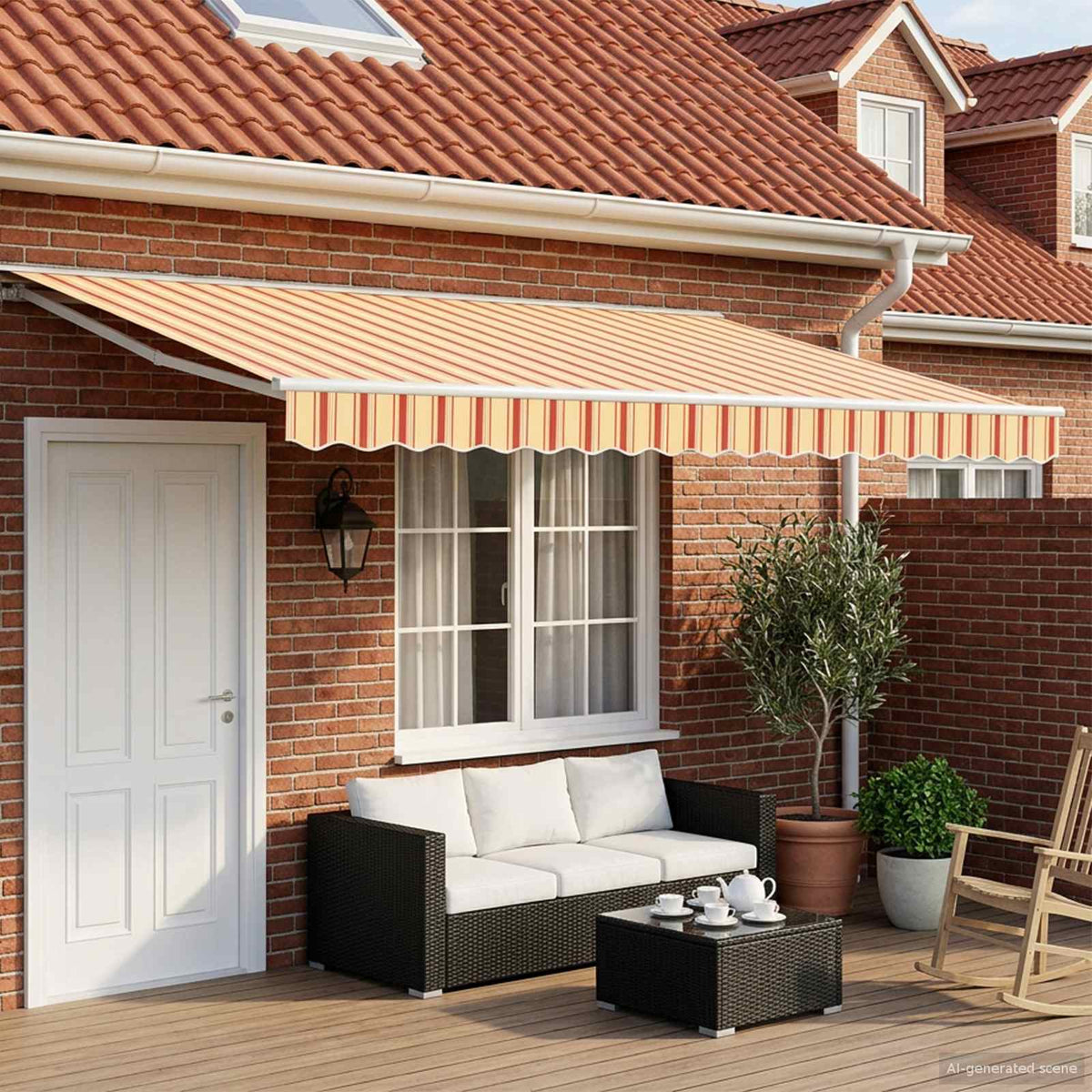 Solar Electric Awning 4.5 x 3 m Stripe White Yellow and orange