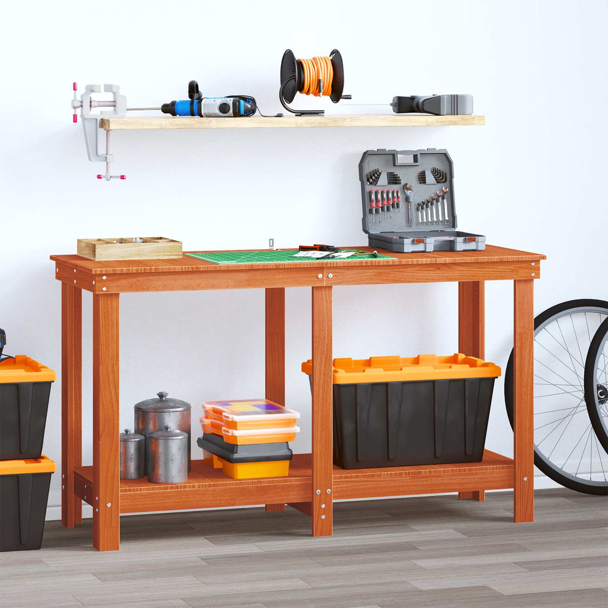 Work Bench Solid Wood Pine Wax brown 140 x 50 x 80 cm