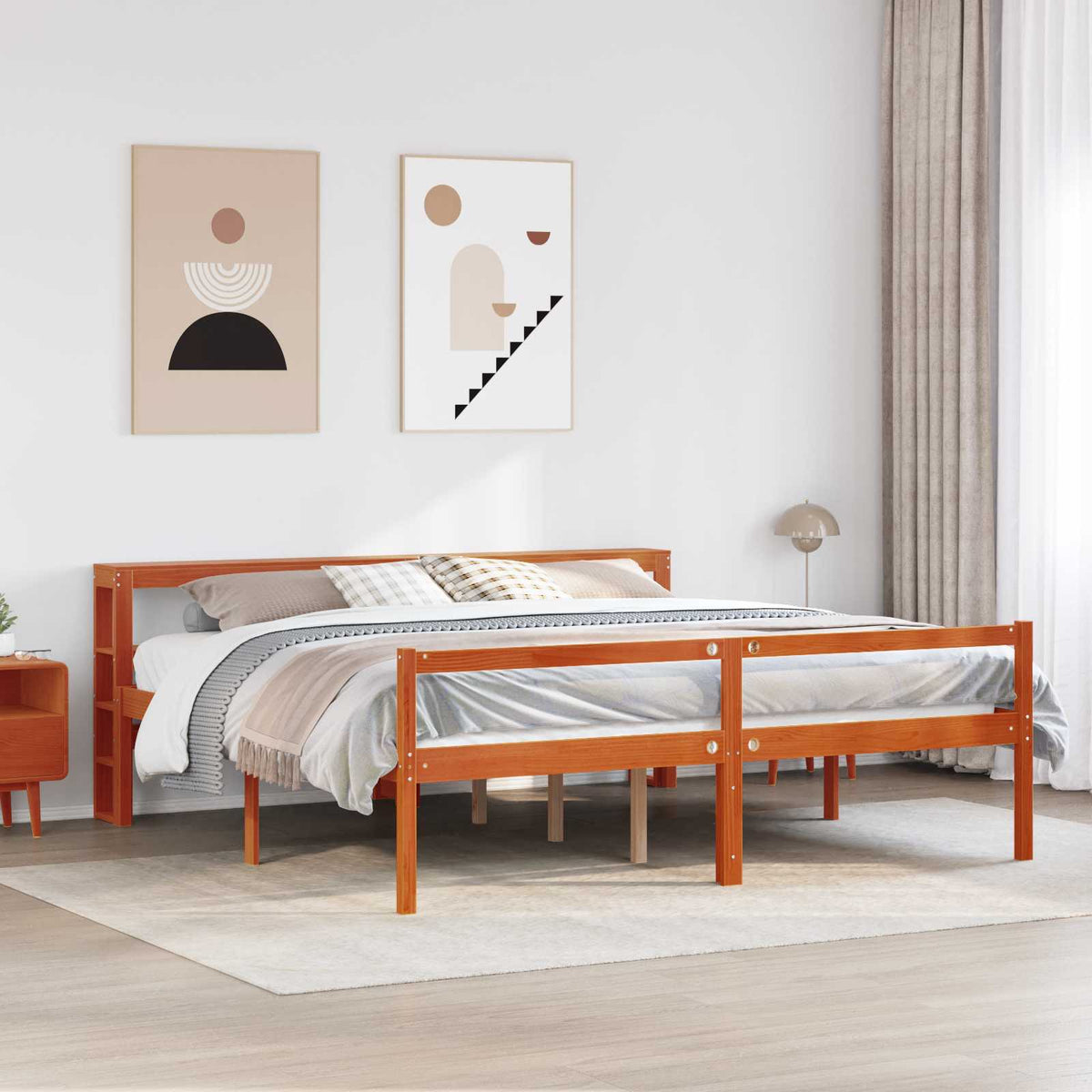 vidaXL Bed Frame with Shelf 2 pcs Wax Brown Solid Pine Wood 1
