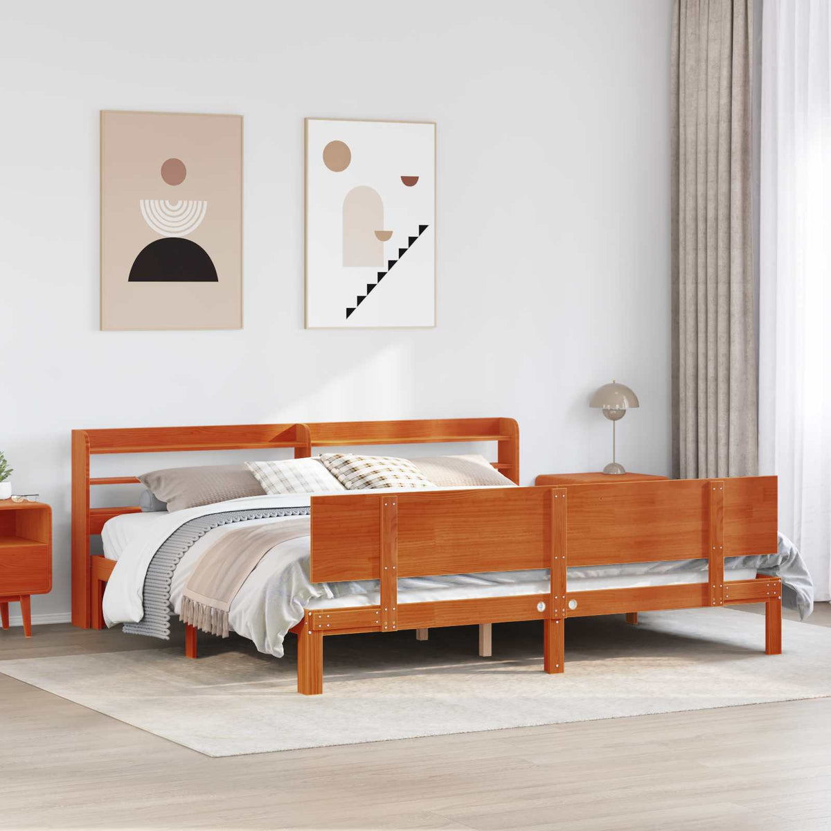 vidaXL Bed Frame with Shelf 2 pcs Wax Brown Solid Pine Wood 1