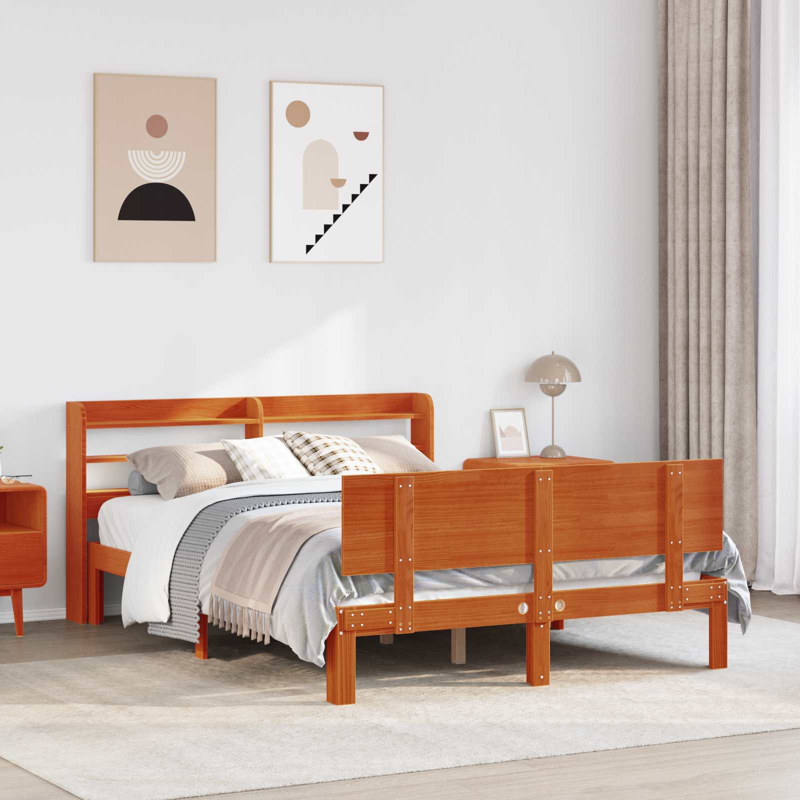vidaXL Bed Frame with Shelf 2 pcs Wax Brown Solid Pine Wood 1