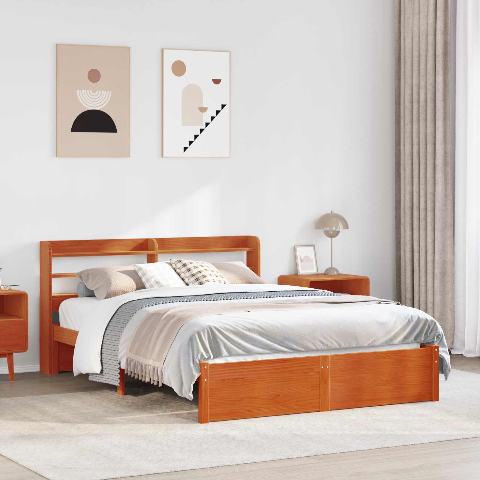 vidaXL Bed Frame with Shelf Wax Brown 160 x 200 cm Solid Pine Wood 1