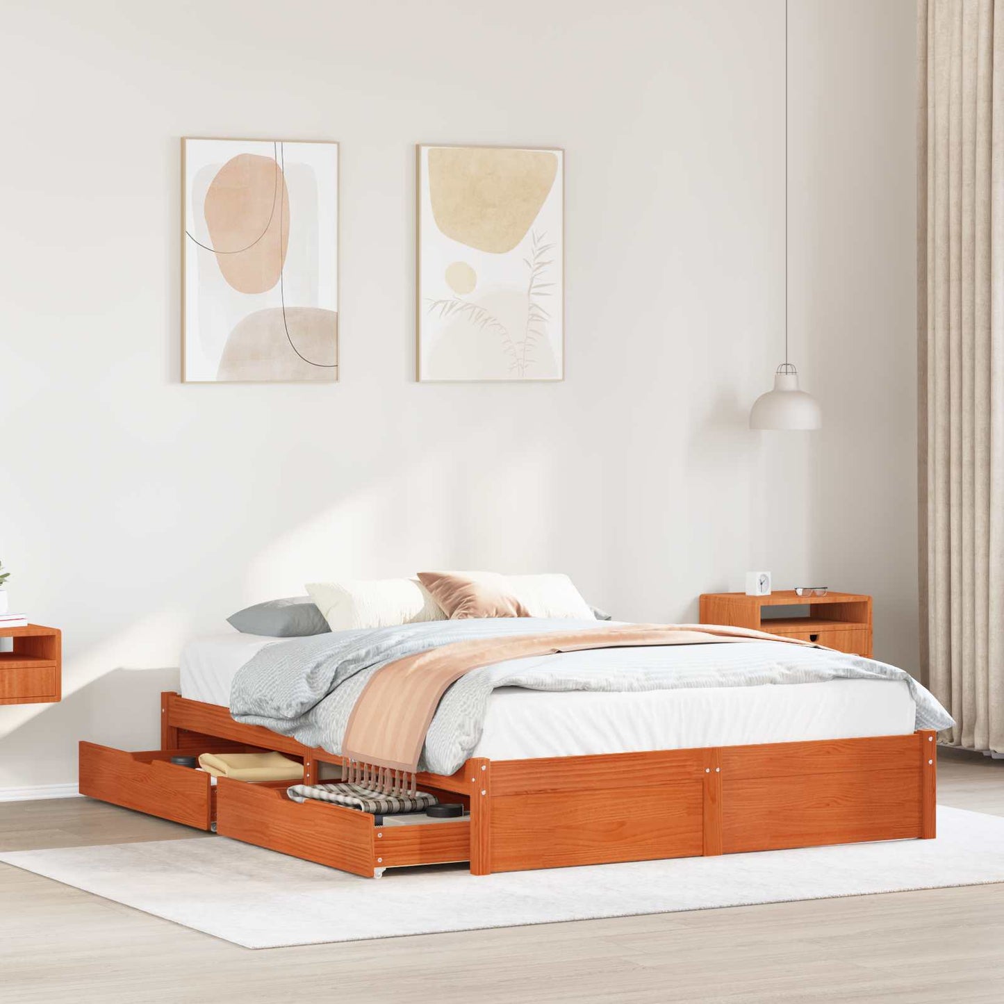 vidaXL Bed Frame with Drawer 3 pcs Wax Brown Solid Pine Wood 1