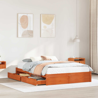 vidaXL Bed Frame with Drawer 3 pcs Wax Brown Solid Pine Wood 1