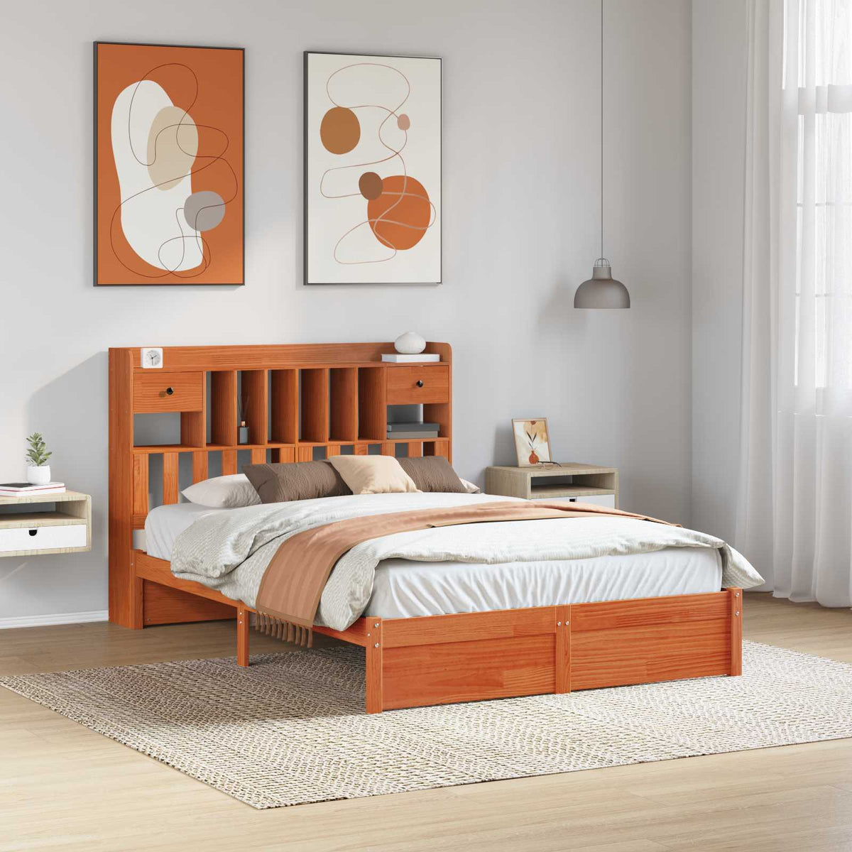 vidaXL Bookcase Bed Frame Plain Wax Brown 200 x 160 cm Solid Pine Wood 1