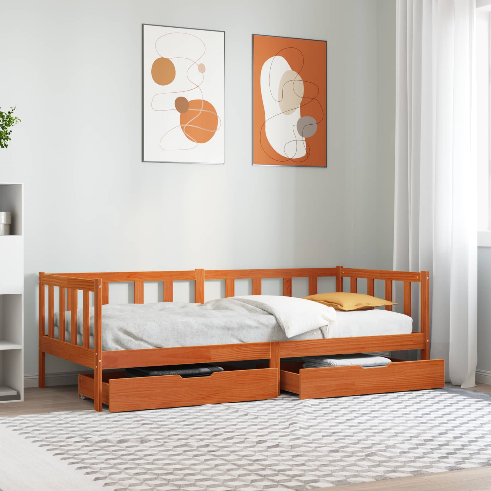 vidaXL Daybed with Drawer with Wheel 3 pcs Wax Brown Solid Pine Wood 1