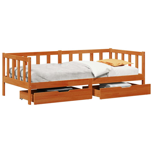 vidaXL Daybed with Drawer with Wheel 3 pcs Wax Brown Solid Pine Wood 2