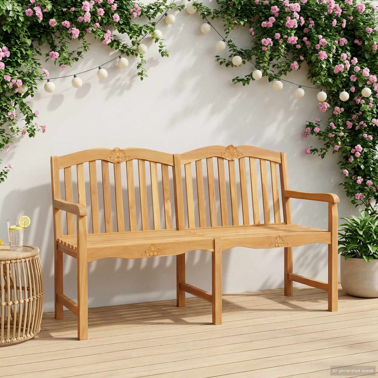 vidaXL Handcarved Shell Bench 150 x 60.5 x 95 cm Solid Teak Wood 1