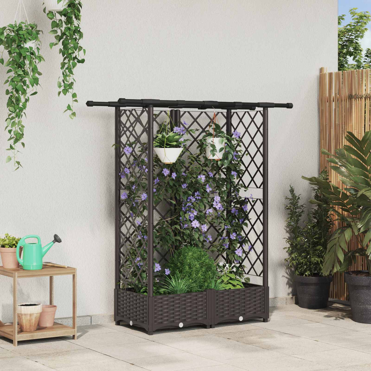 Raised Bed with Trellis and Roof PP Brown with Flat Roof (3 Side trellis) 124 cm 121 cm