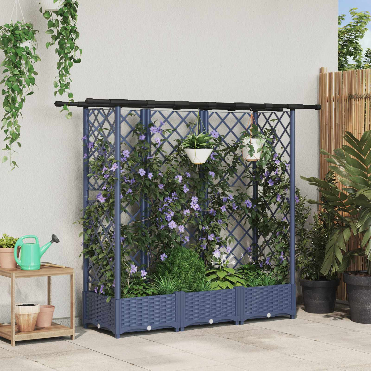Raised Bed with Trellis and Roof PP Grey with Flat Roof (3 Side trellis) 164 cm 121 cm