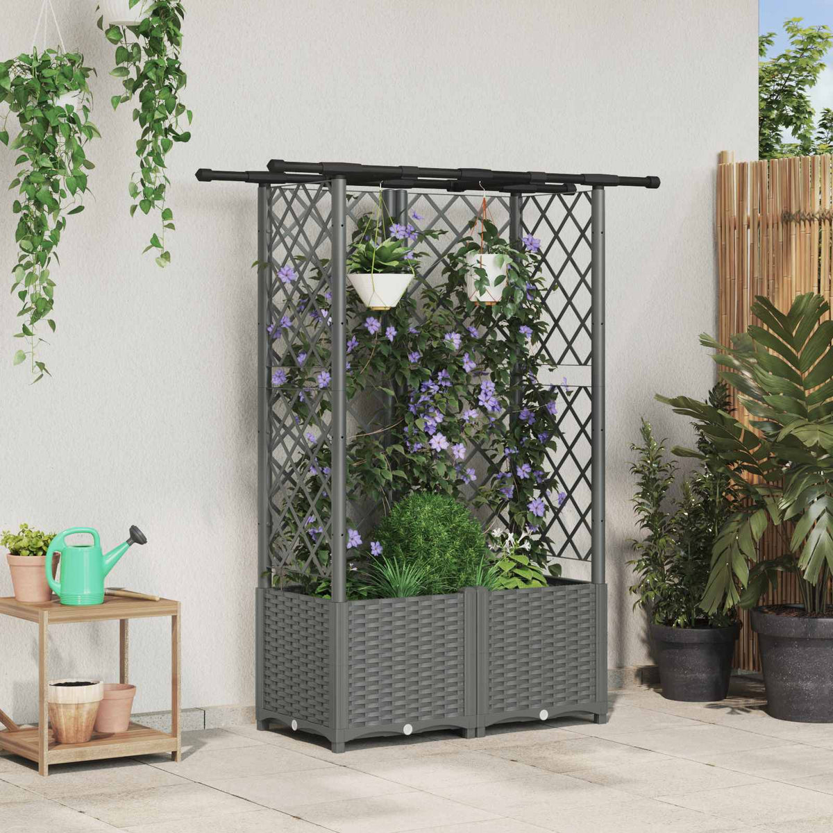 Raised Bed with Trellis and Roof Light Grey with Flat Roof (3 Side trellis) 124 cm 136 cm