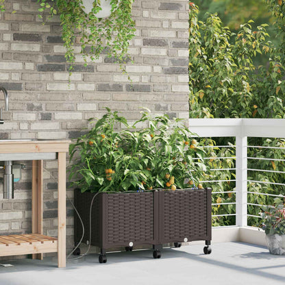 Garden Planter with Irrigation&Wheels 2 pcs PP with Wheels Width 80 cm Brown 37.5 cm