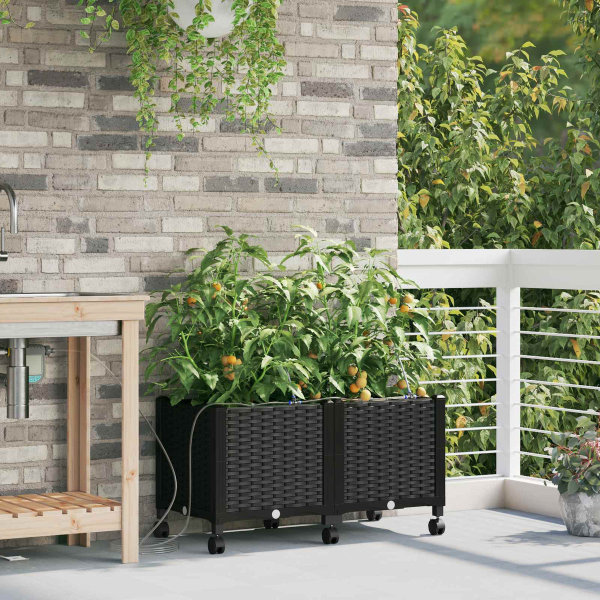 Garden Planter with Irrigation&Wheels 2 pcs PP with Wheels Width 80 cm Black 37.5 cm