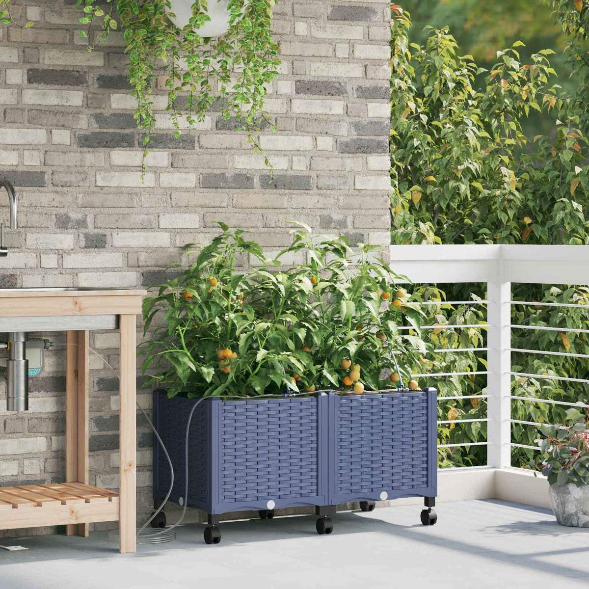 Garden Planter with Irrigation&Wheels 2 pcs PP with Wheels Width 80 cm Grey 37.5 cm