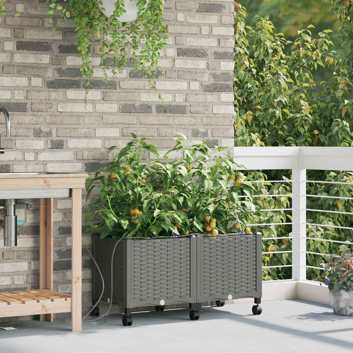 Garden Planter with Irrigation&Wheels 2 pcs PP with Wheels Width 80 cm Light grey 37.5 cm