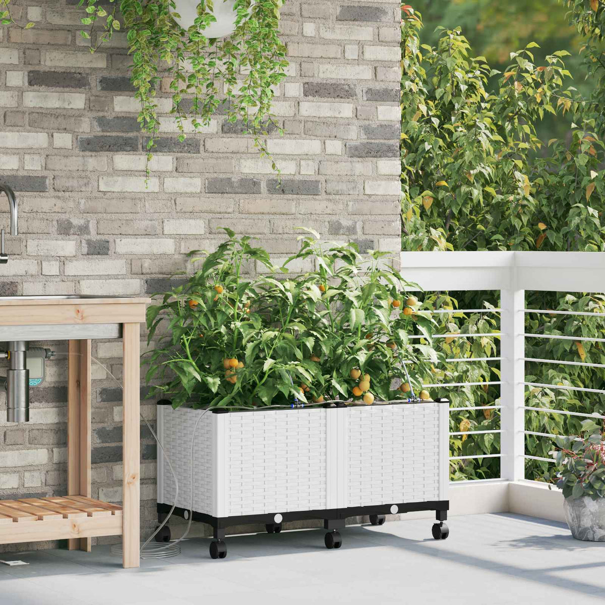 Garden Planter with Irrigation&Wheels 2 pcs PP with Wheels Width 80 cm White 37.5 cm