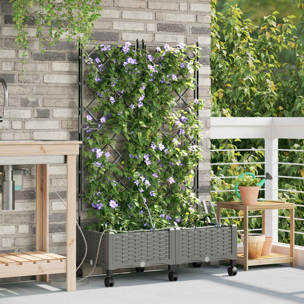 Garden Planter with Irrigation&Wheels 2 pcs PP with Wheels Width 80 cm Light grey 126 cm