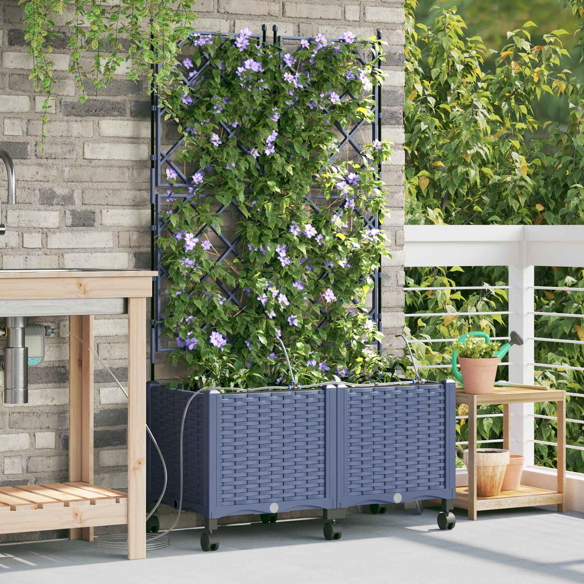 Garden Planter with Irrigation&Wheels 2 pcs PP with Wheels Width 80 cm Grey 142 cm