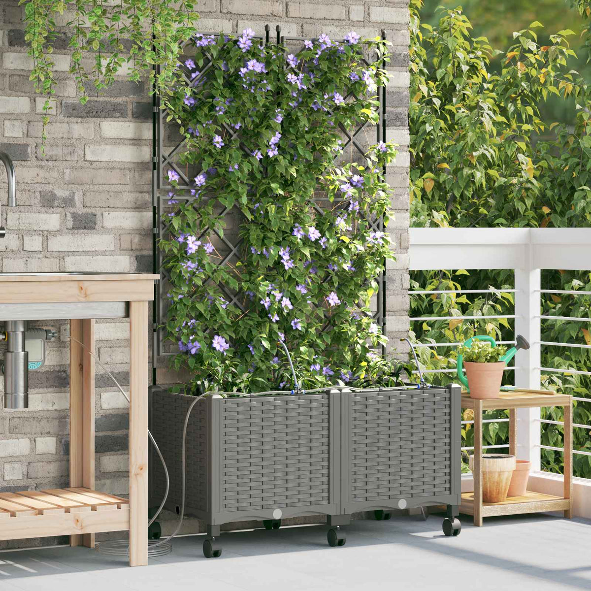 Garden Planter with Irrigation&Wheels 2 pcs PP with Wheels Width 80 cm Light grey 142 cm