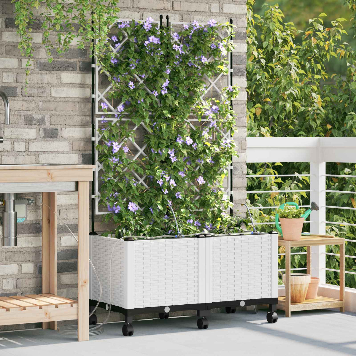 Garden Planter with Irrigation&Wheels 2 pcs PP with Wheels Width 80 cm White 142 cm