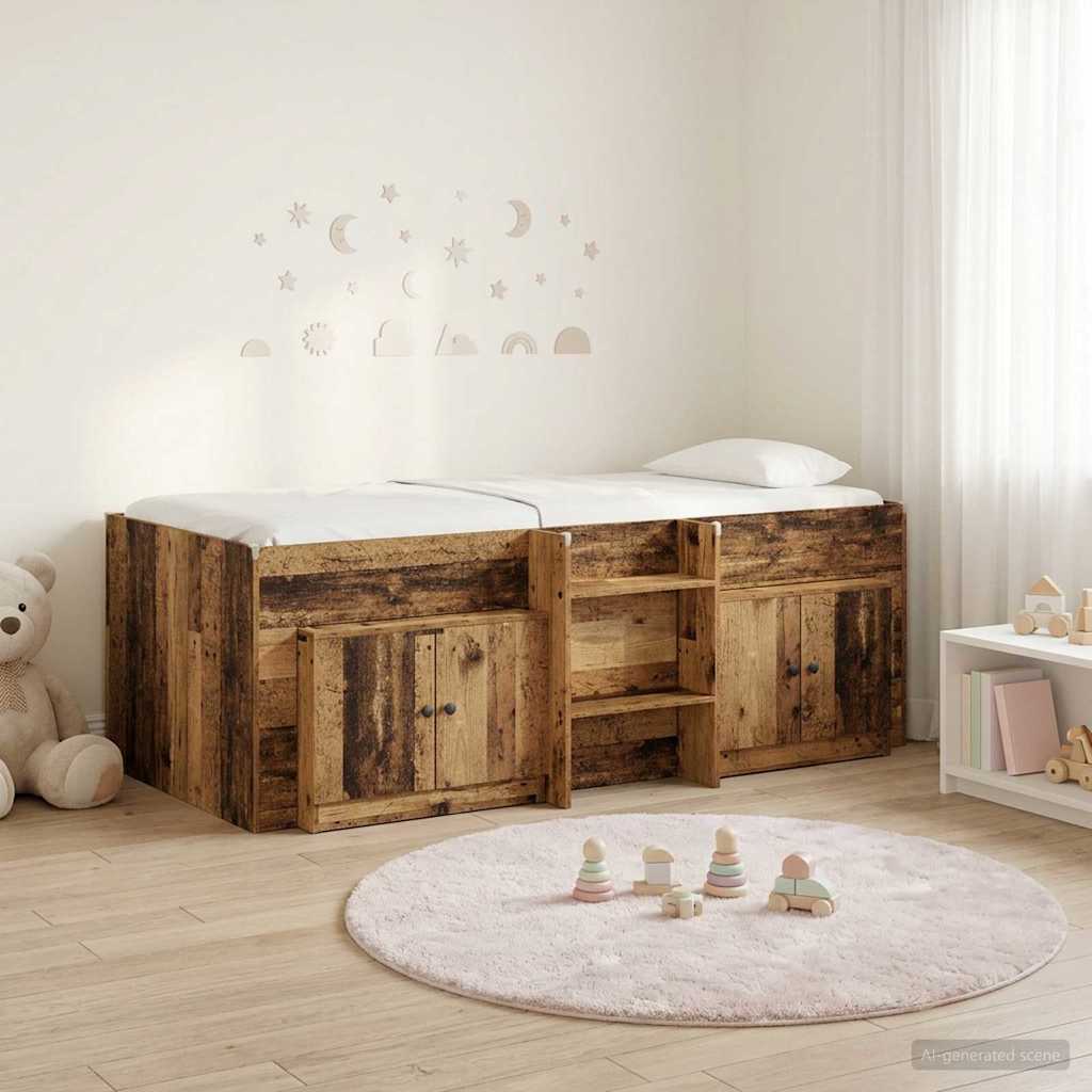 Loft Bed Frame with Cabinet 3 pcs Engineered Wood Old wood