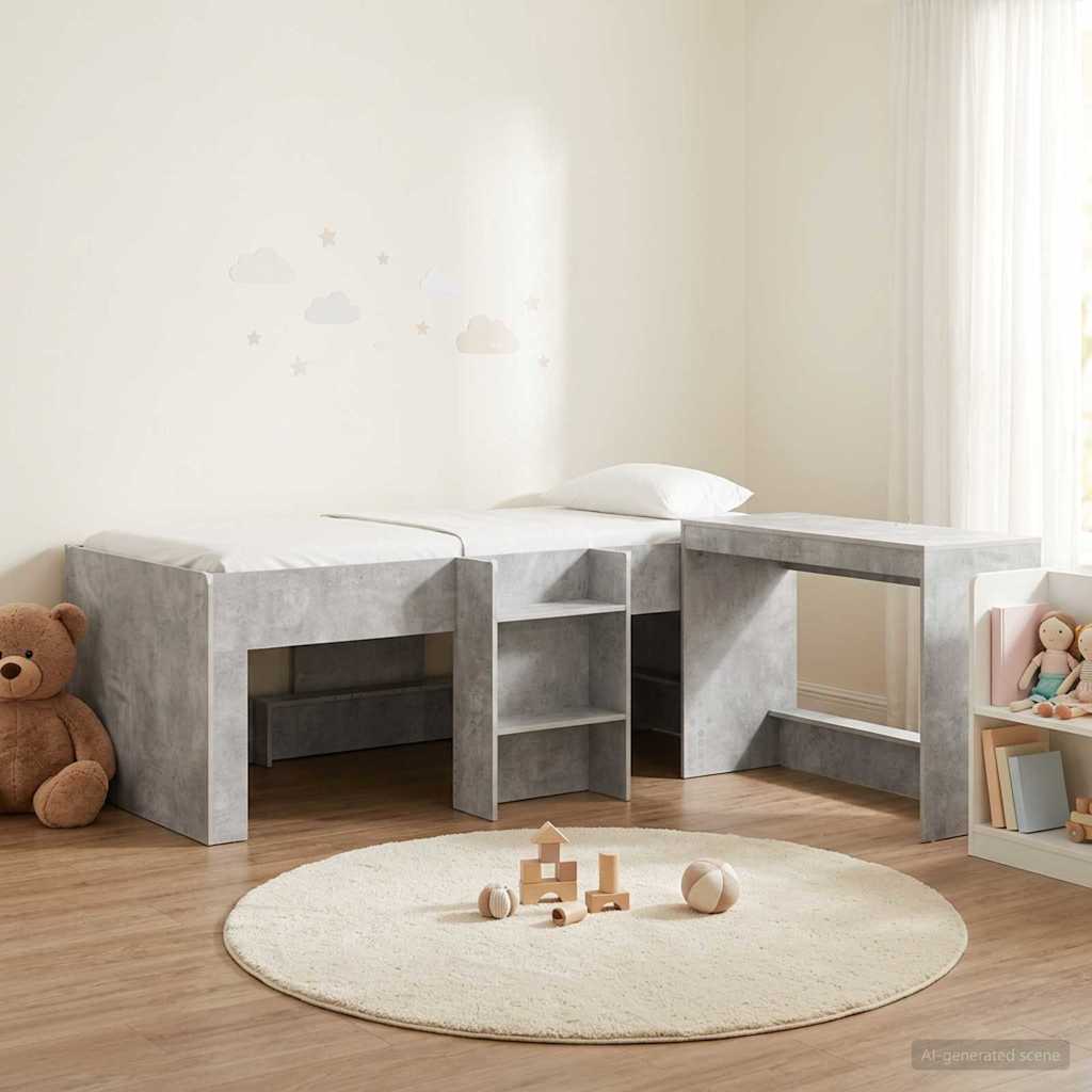 Kids' High Bed Frame with Desk 2 pcs Engineered Wood Concrete grey