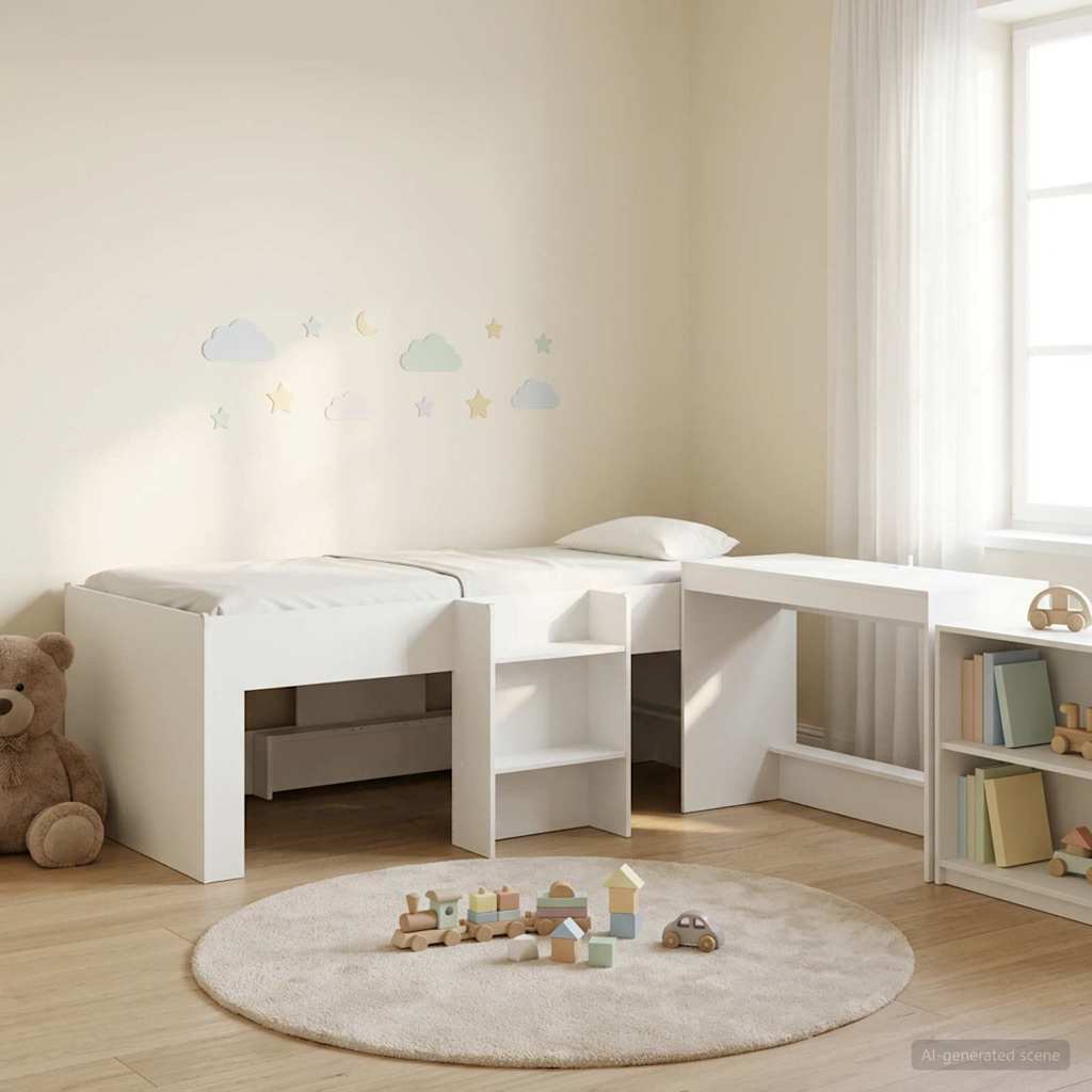 Kids' High Bed Frame with Desk 2 pcs Engineered Wood White