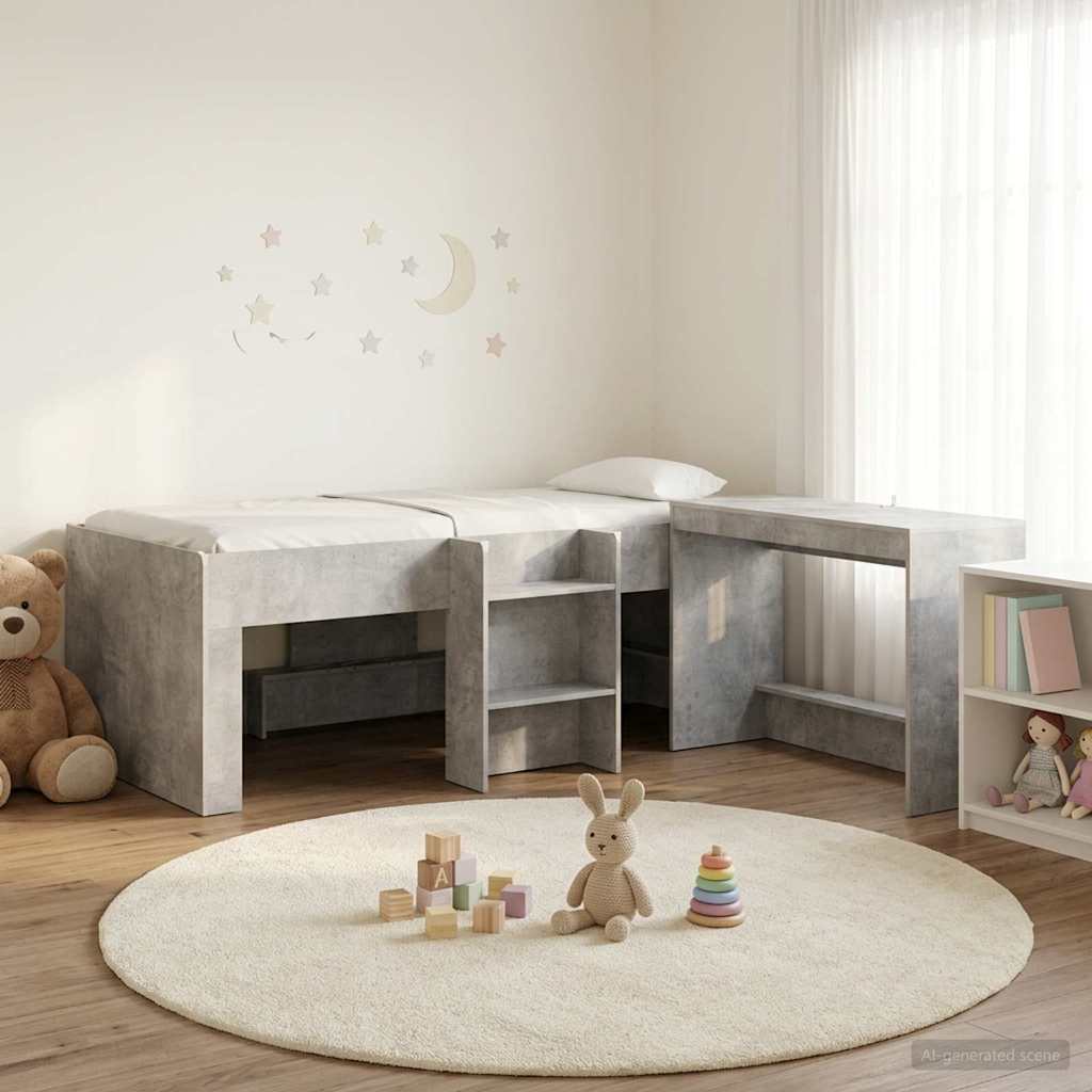 Kids' High Bed Frame with Desk 2 pcs Engineered Wood Concrete grey