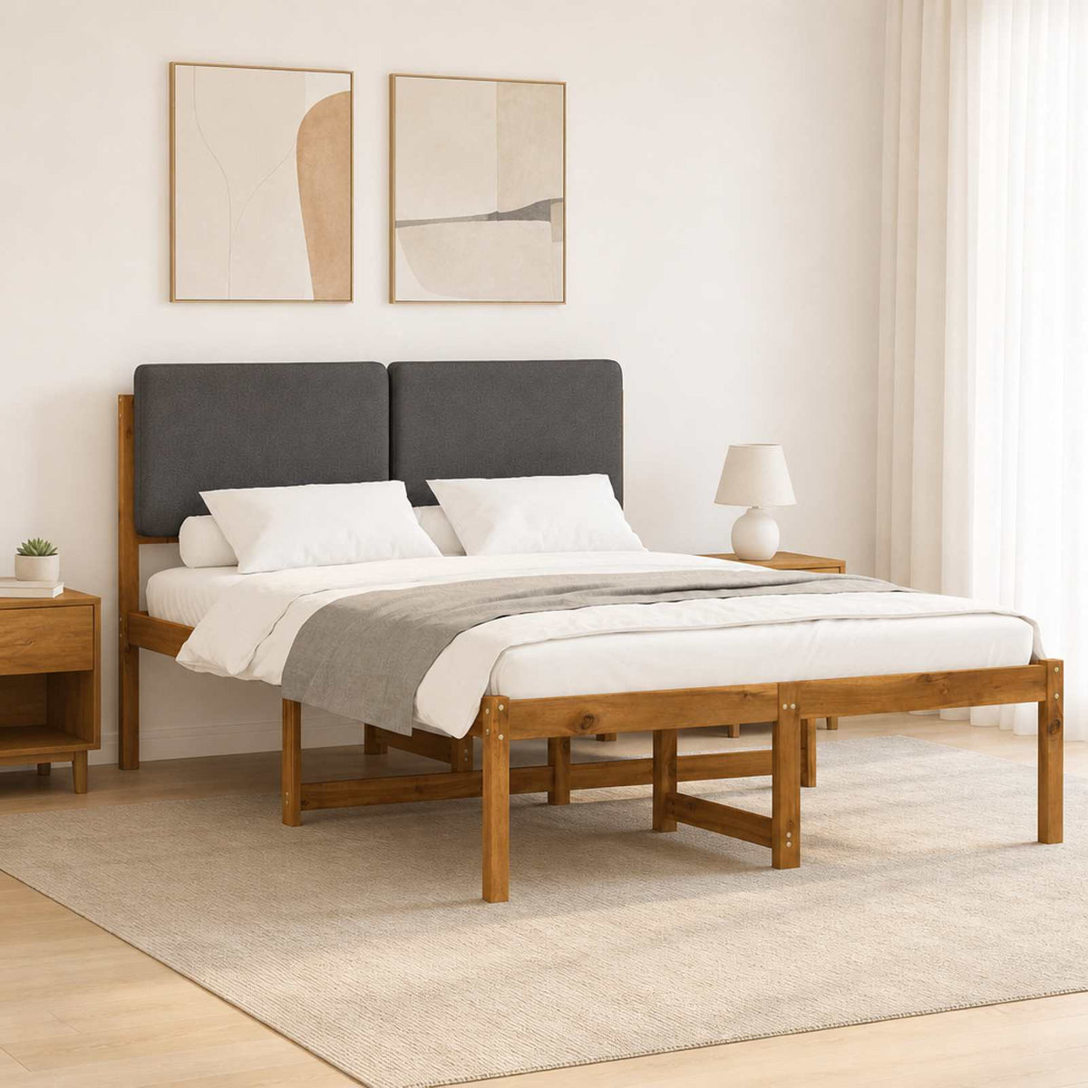 Bed Frame with Upholstered Headboard Natural and dark grey 150 cm 200 cm
